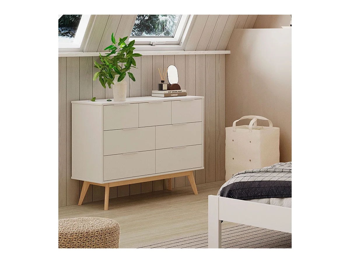 LAUPELL - Commode Scandinave 7 Tiroirs Pin Massif Naturel et Blanc