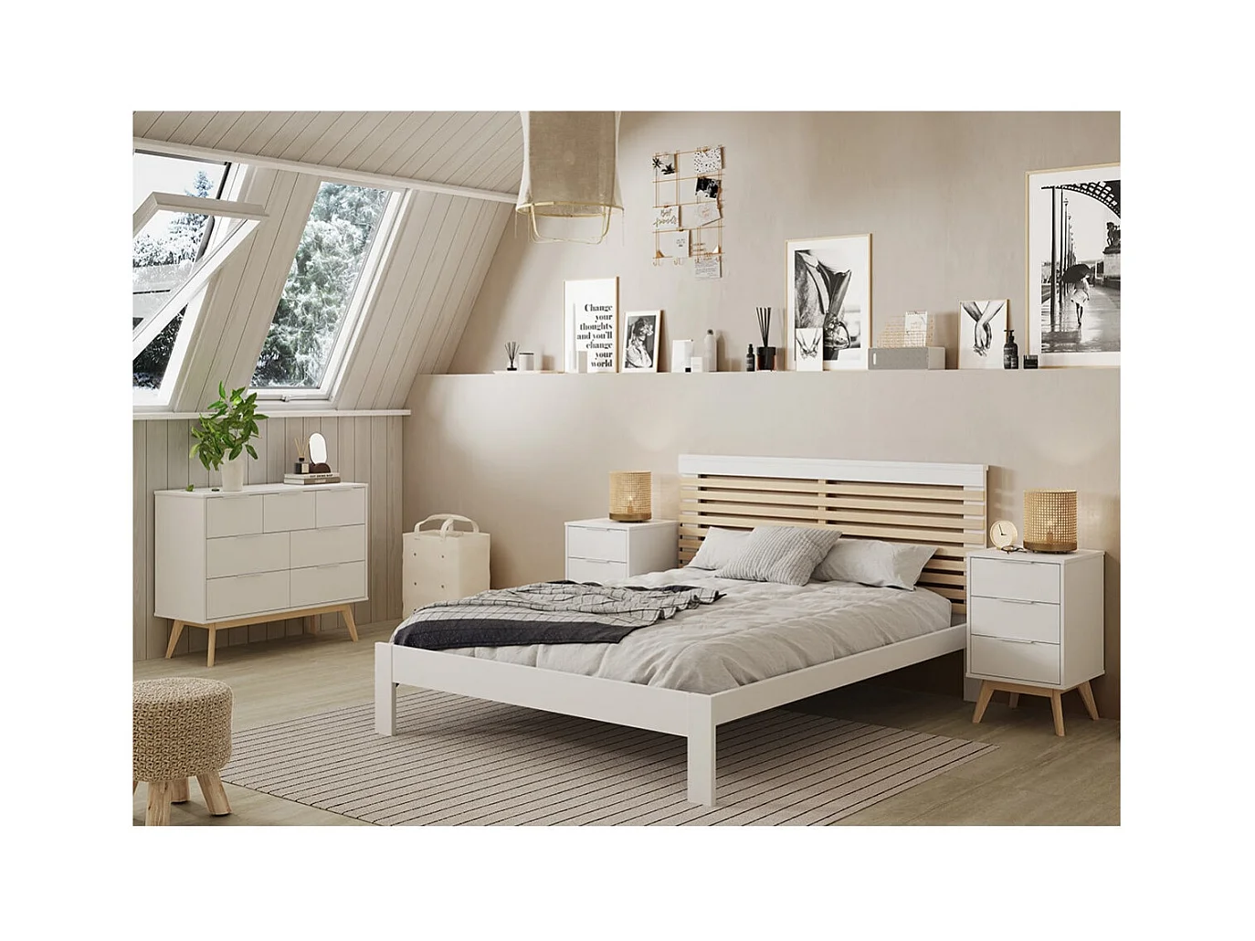 LAUPELL - Commode Scandinave 7 Tiroirs Pin Massif Naturel et Blanc