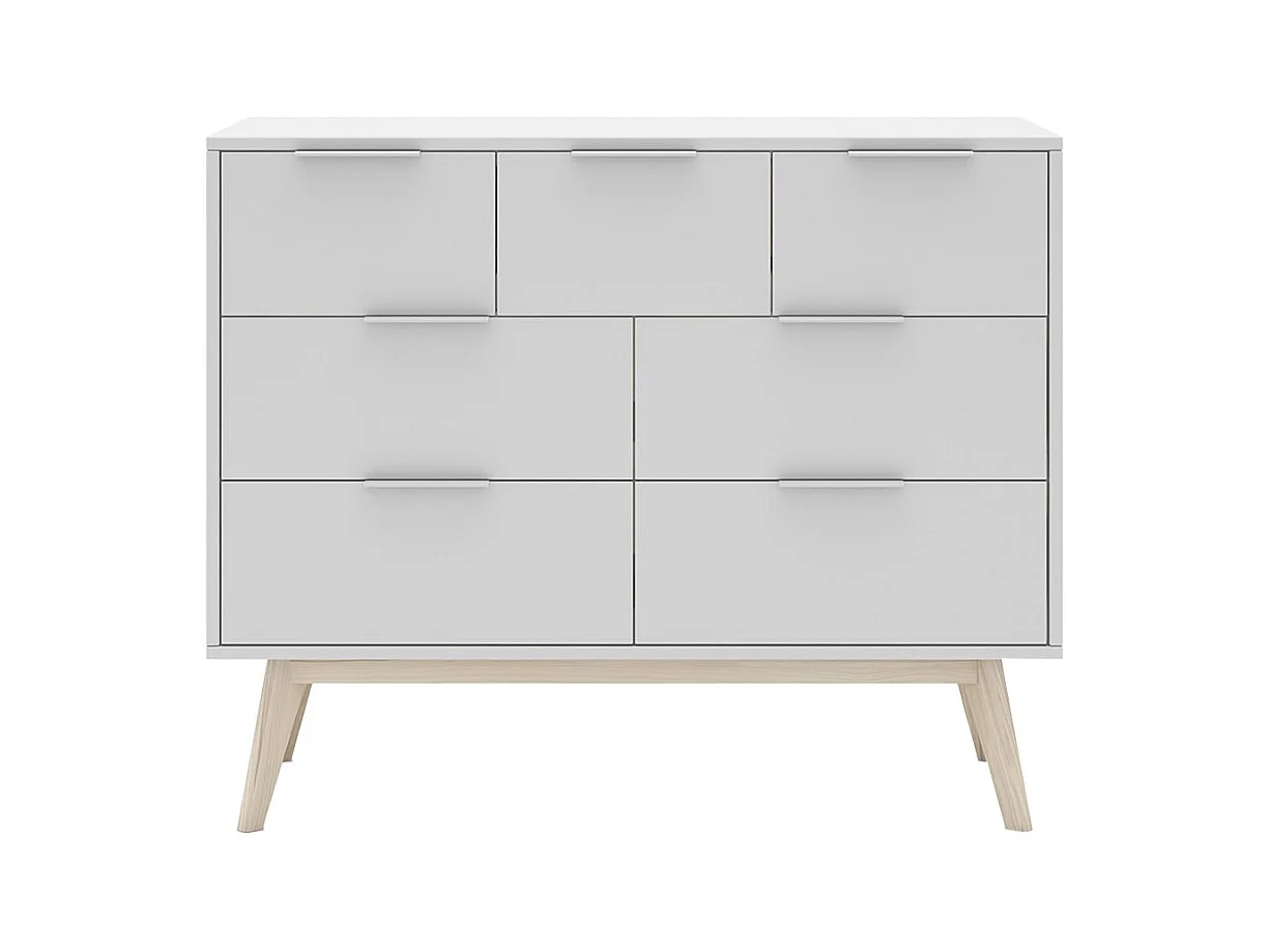 LAUPELL - Commode Scandinave 7 Tiroirs Pin Massif Naturel et Blanc