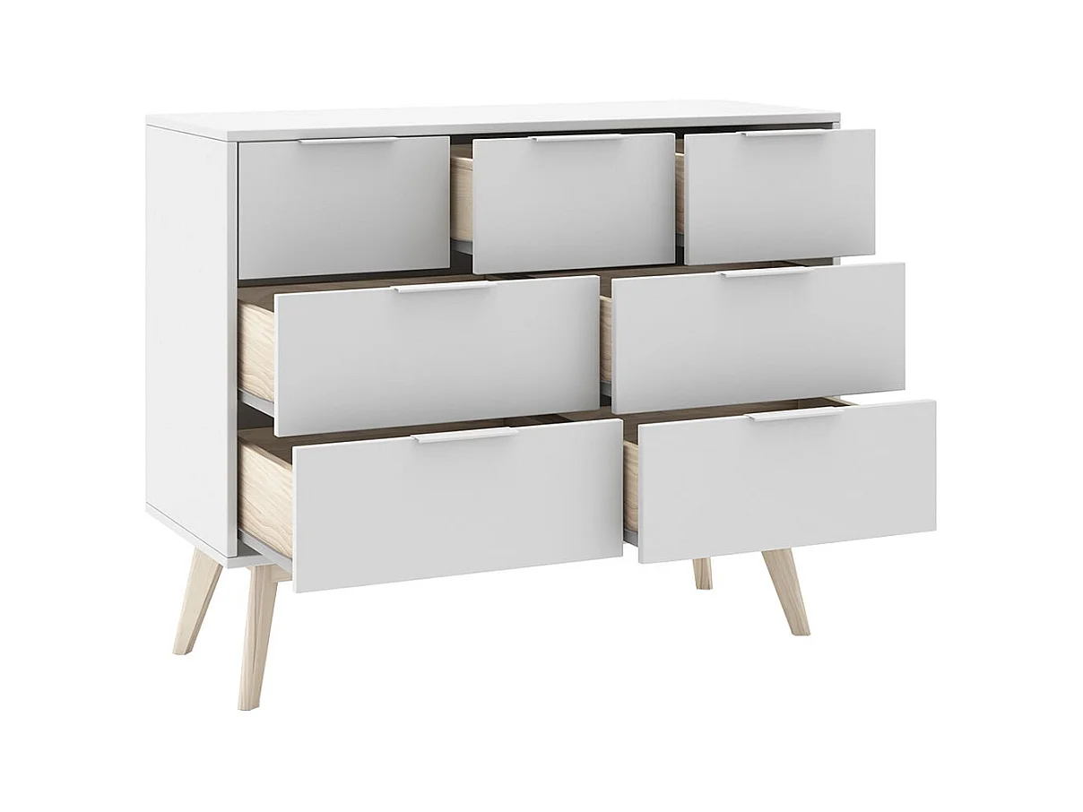 LAUPELL - Commode Scandinave 7 Tiroirs Pin Massif Naturel et Blanc