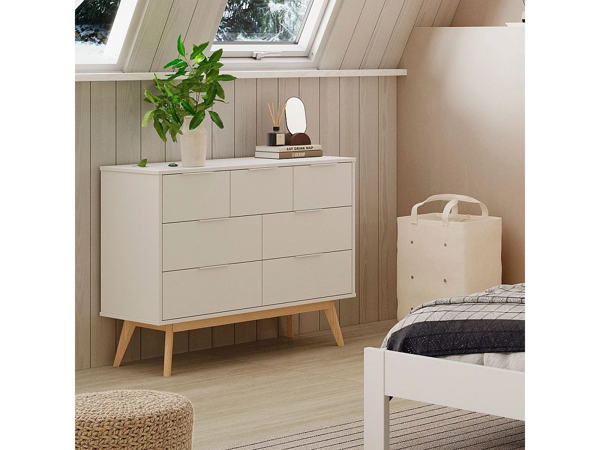 LAUPELL - Commode Scandinave 7 Tiroirs Pin Massif Naturel et Blanc