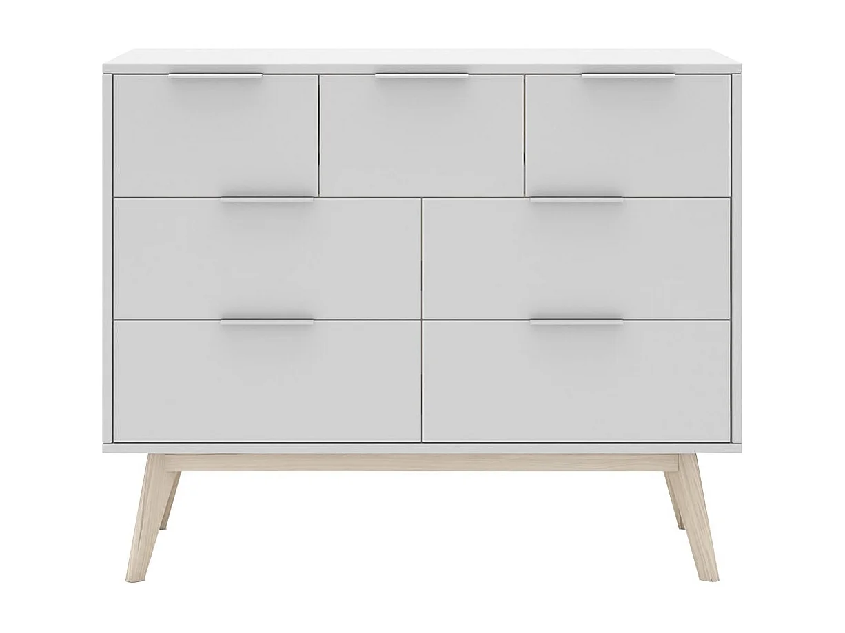 LAUPELL - Commode Scandinave 7 Tiroirs Pin Massif Naturel et Blanc