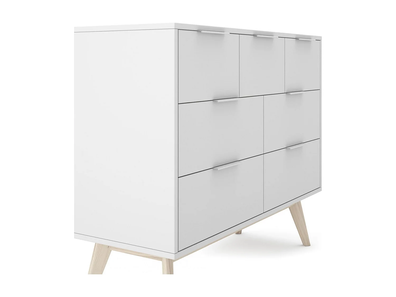 LAUPELL - Commode Scandinave 7 Tiroirs Pin Massif Naturel et Blanc