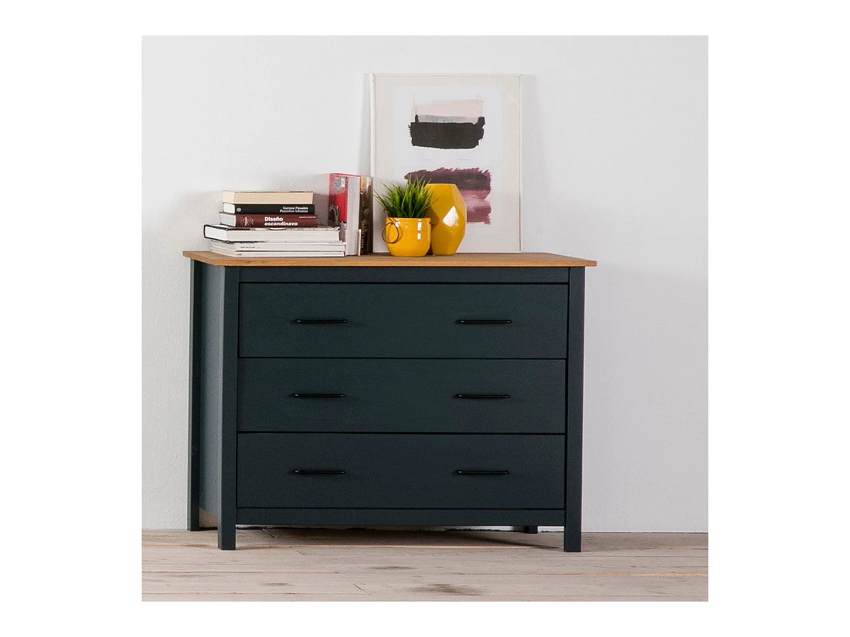 TINA - Commode 3 Tiroirs Bois Ciré coloris Bleu Pétrole