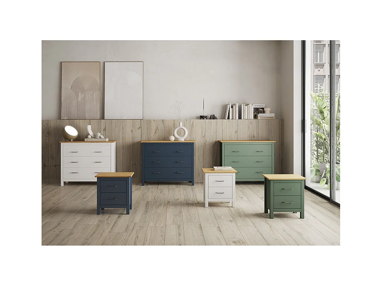 TINA - Commode 3 Tiroirs Bois Ciré coloris Bleu Pétrole