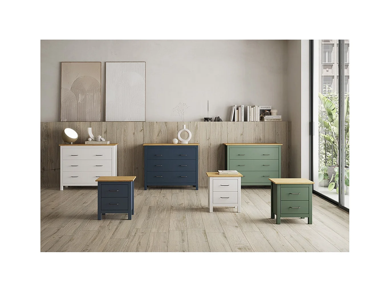 TINA - Commode 3 Tiroirs Bois Ciré coloris Bleu Pétrole