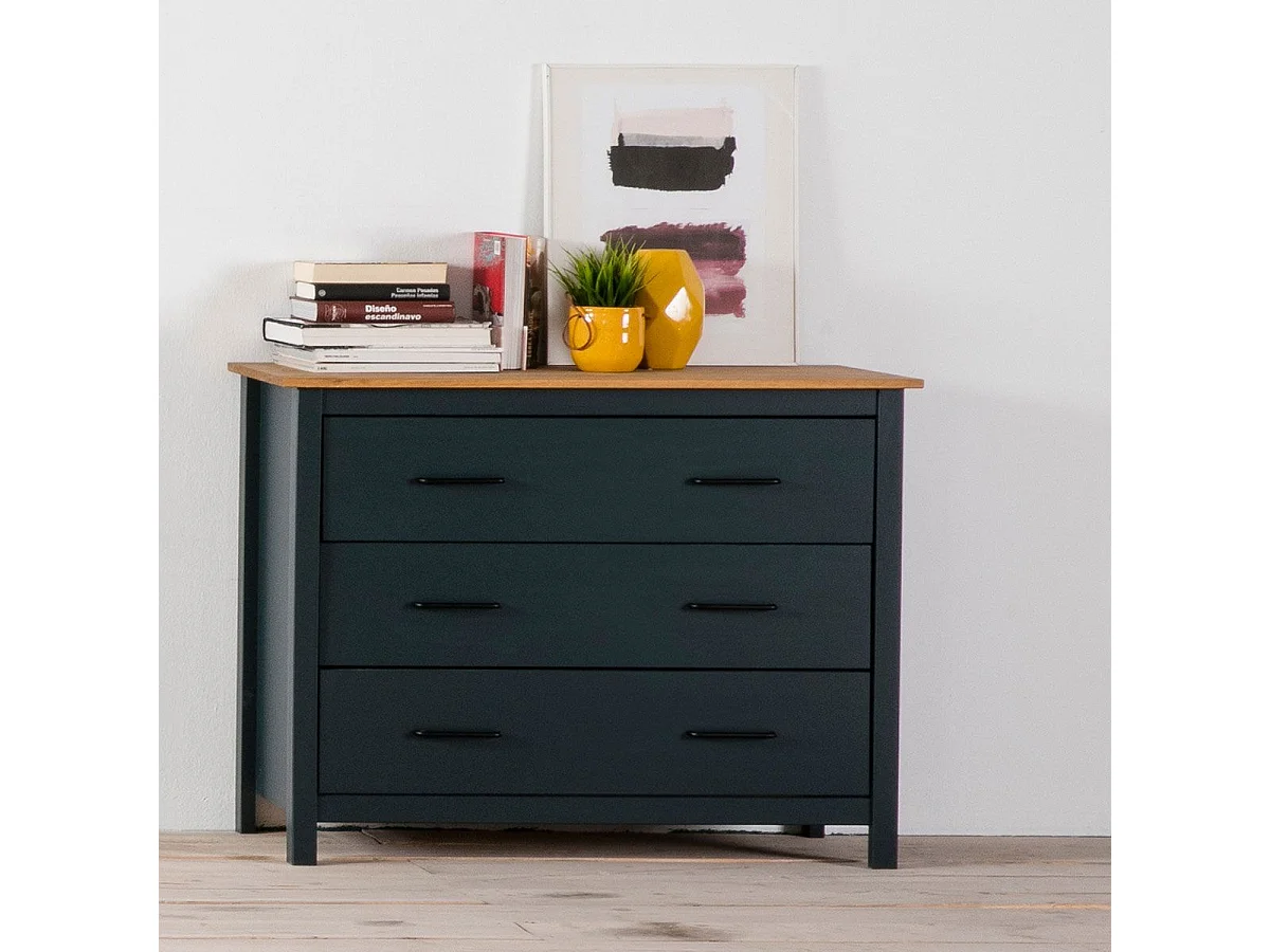 TINA - Commode 3 Tiroirs Bois Ciré coloris Bleu Pétrole