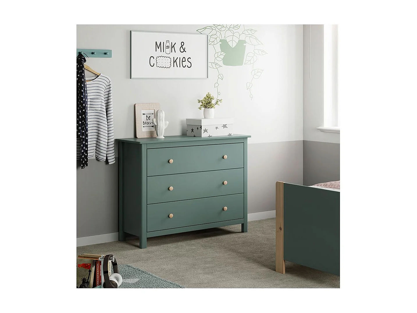 DAVA - Commode 3 Tiroirs en Pin Massif Vert Pétrole