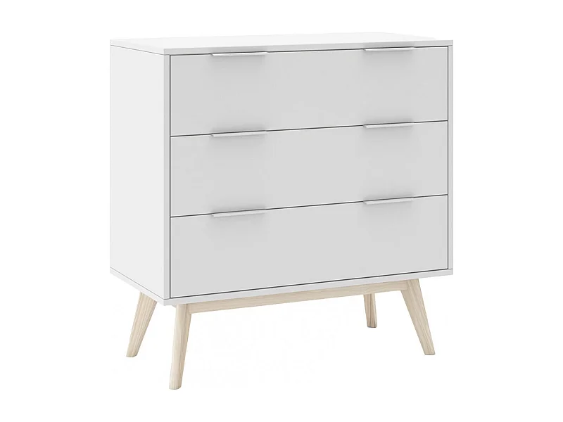 LAUPELL - Commode Scandinave 3 Tiroirs Pin Massif Naturel et Blanc