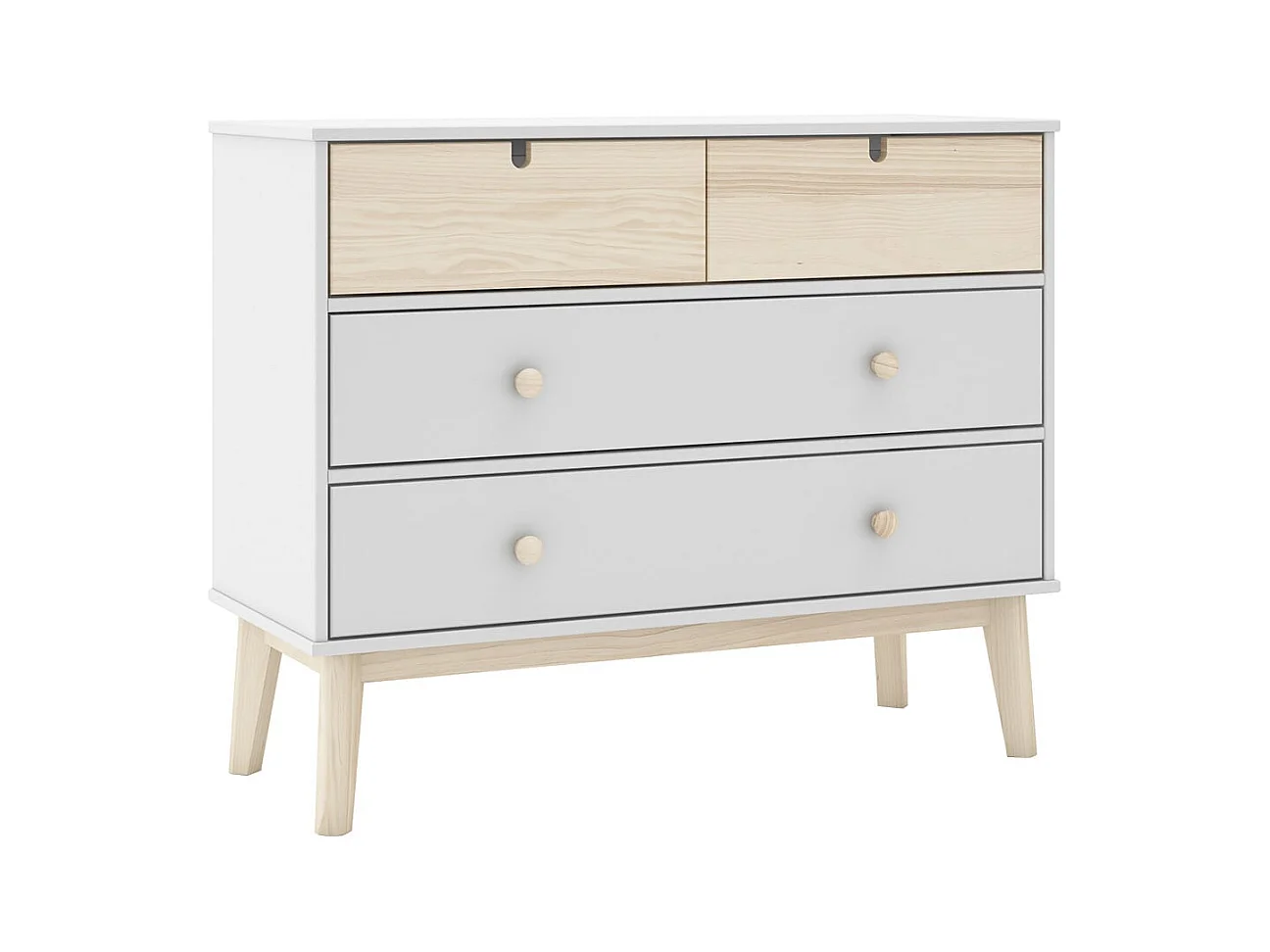 KAINA - Commode 4 Tiroirs MDF et Pin Coloris Blanc et Naturel