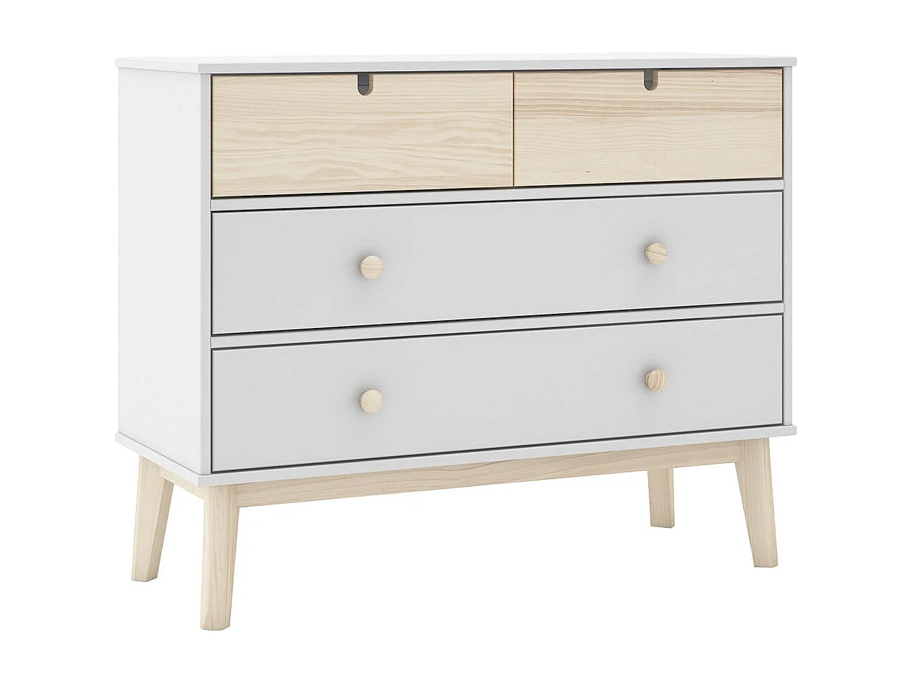 KAINA - Commode 4 Tiroirs MDF et Pin Coloris Blanc et Naturel