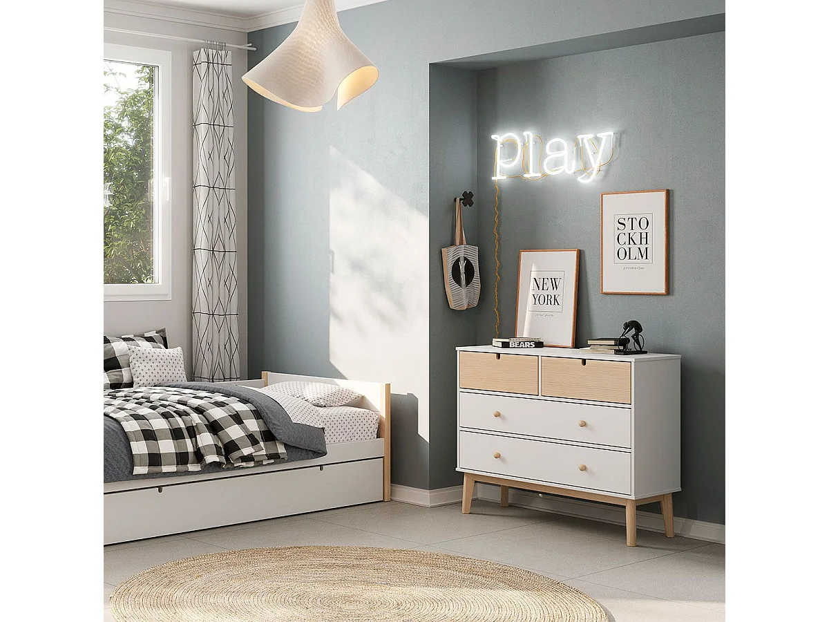 KAINA - Commode 4 Tiroirs MDF et Pin Coloris Blanc et Naturel