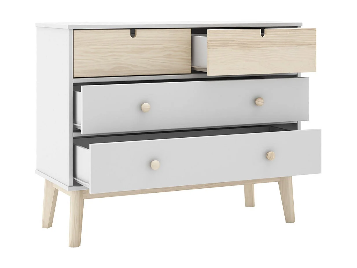 KAINA - Commode 4 Tiroirs MDF et Pin Coloris Blanc et Naturel