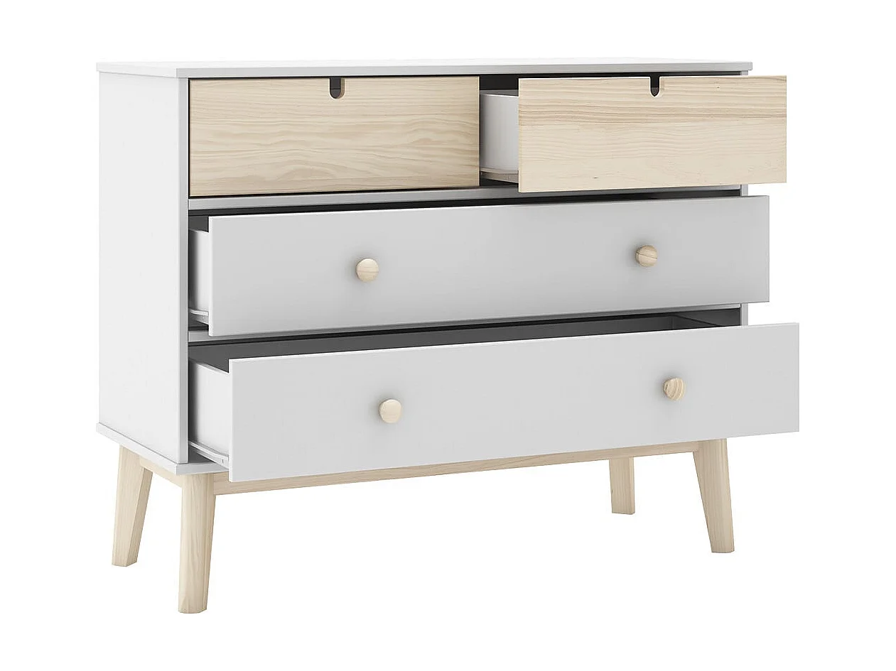 KAINA - Commode 4 Tiroirs MDF et Pin Coloris Blanc et Naturel