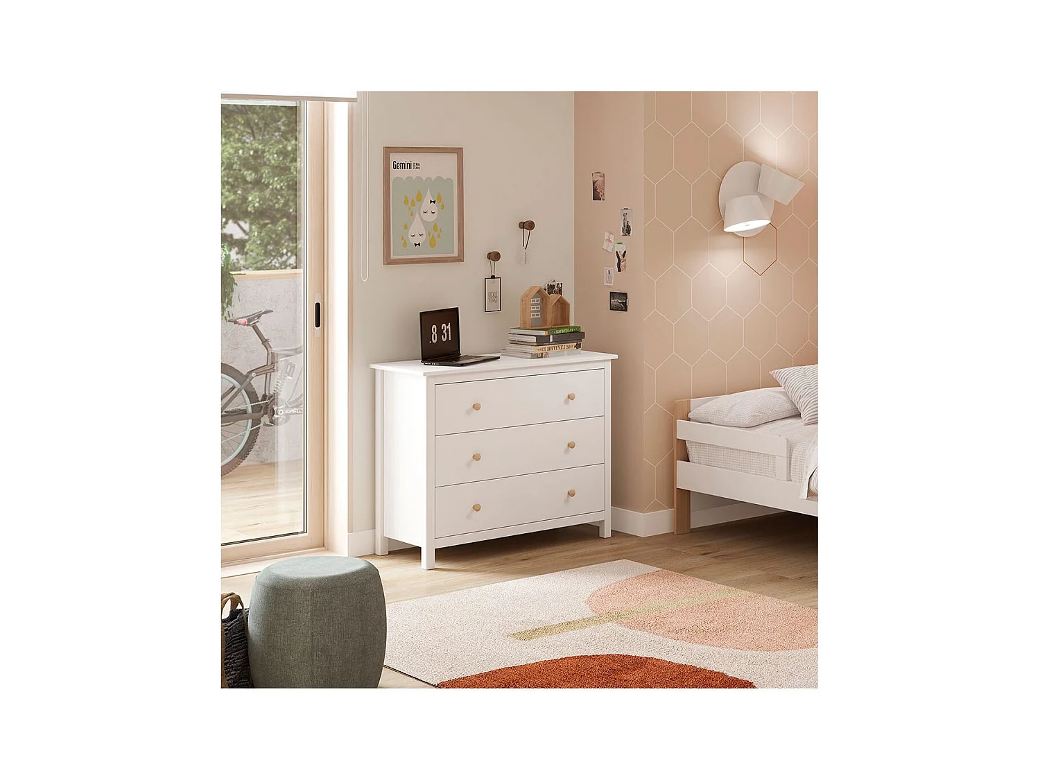 DAVA - Commode 3 Tiroirs en Pin Massif Blanc