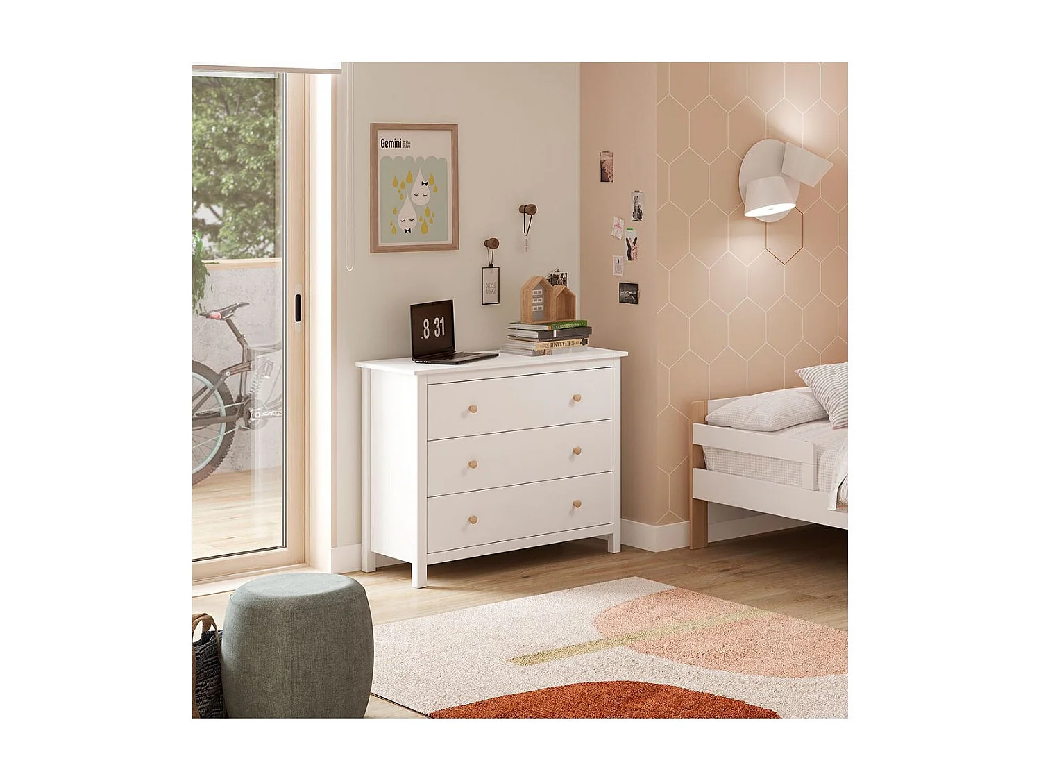 DAVA - Commode 3 Tiroirs en Pin Massif Blanc