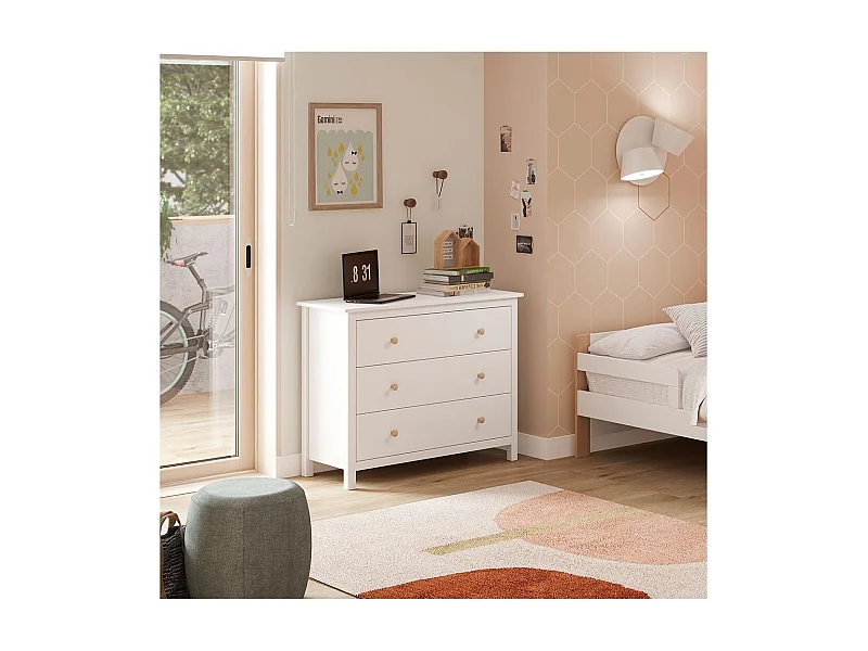 DAVA - Commode 3 Tiroirs en Pin Massif Blanc