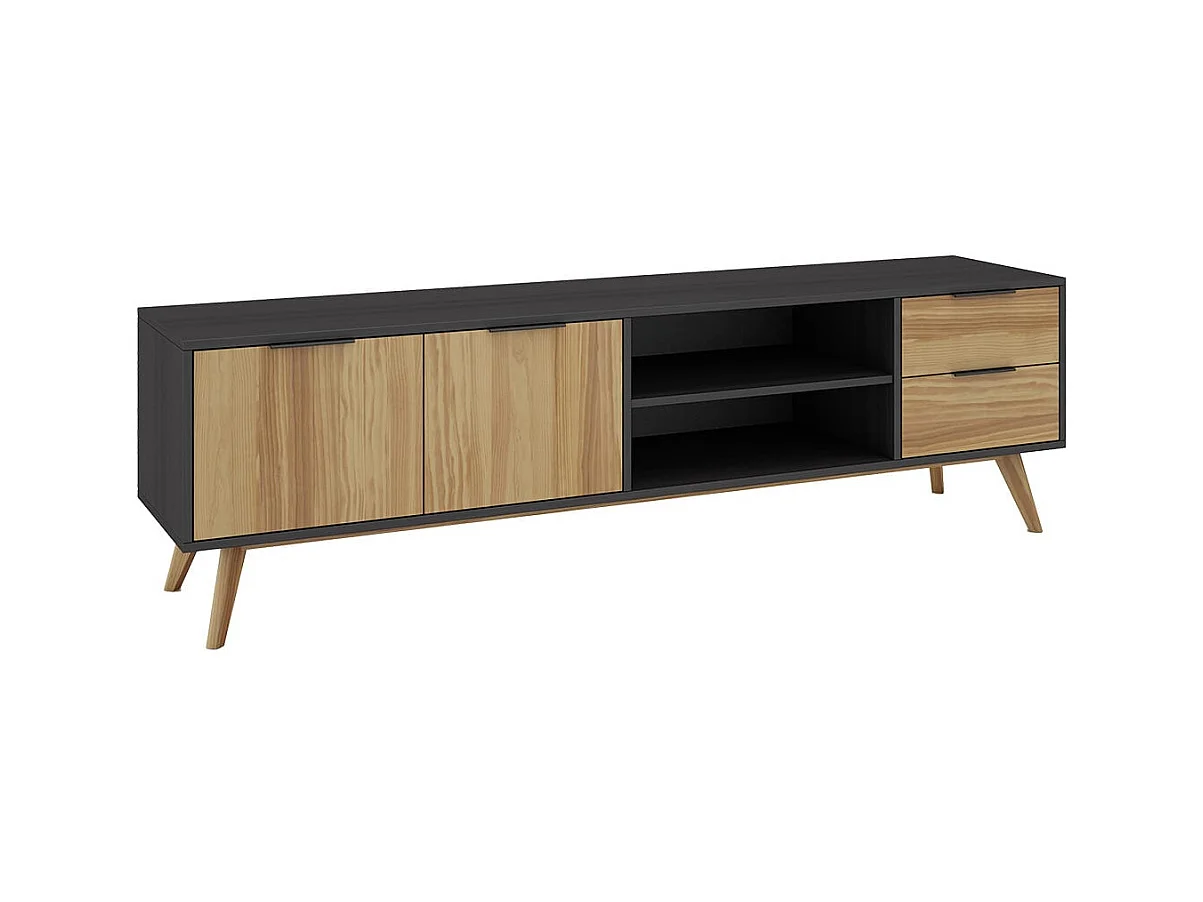 VIKOV - Meuble TV 180cm 2 Portes 2 Tiroirs Scandinave en Pin Massif Ciré