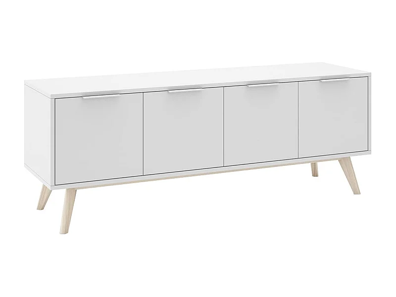 BLAJK - Meuble TV 4 Portes Scandinave MDF et Pin Massif Naturel et Blanc