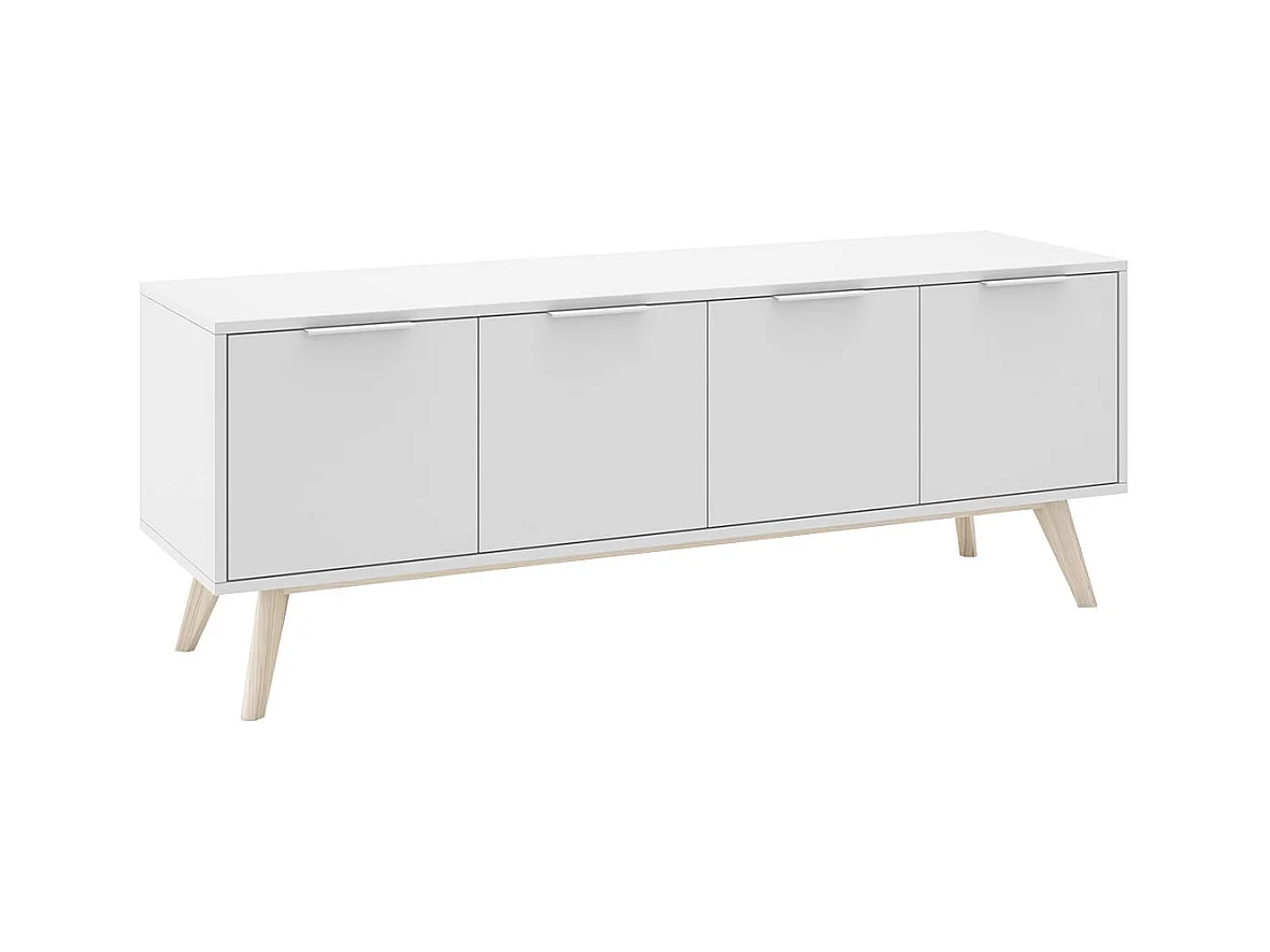 BLAJK - Meuble TV 4 Portes Scandinave MDF et Pin Massif Naturel et Blanc