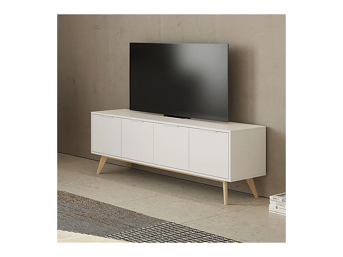 BLAJK - Meuble TV 4 Portes Scandinave MDF et Pin Massif Naturel et Blanc