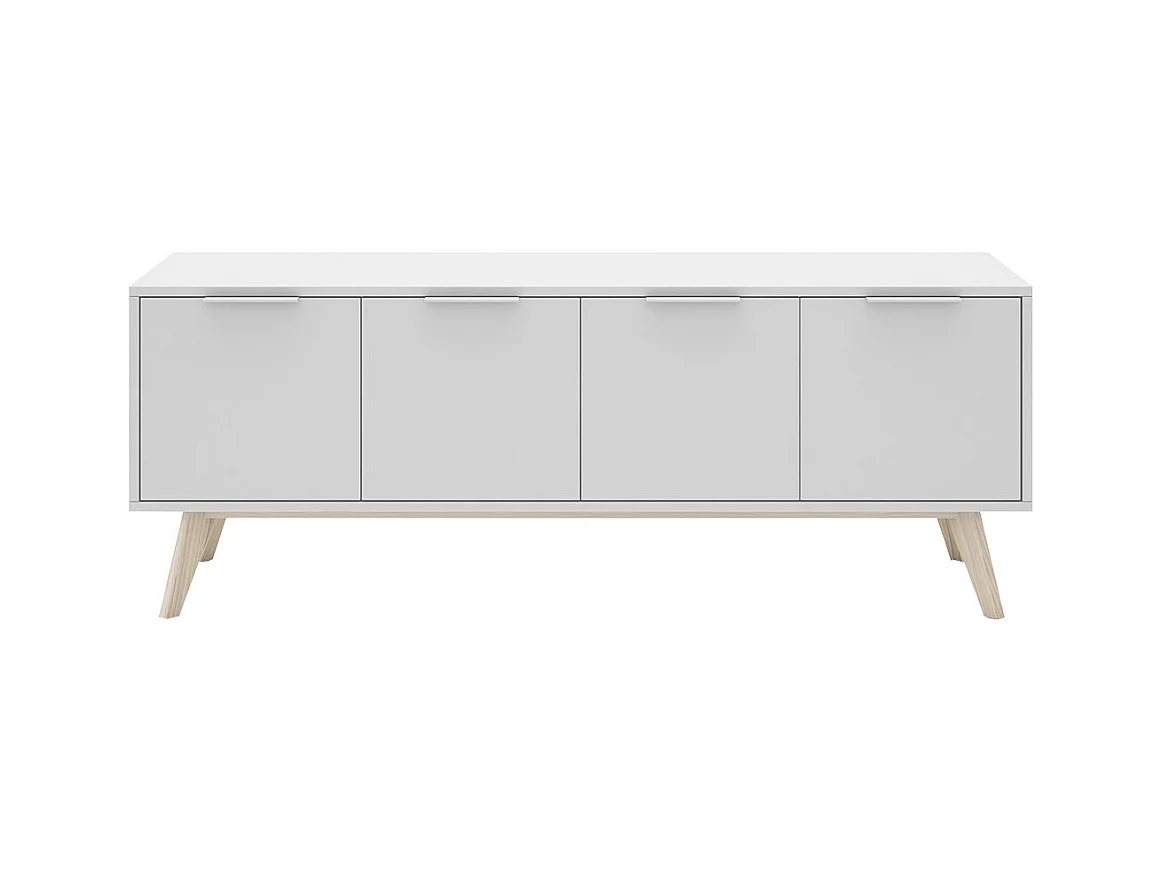 BLAJK - Meuble TV 4 Portes Scandinave MDF et Pin Massif Naturel et Blanc