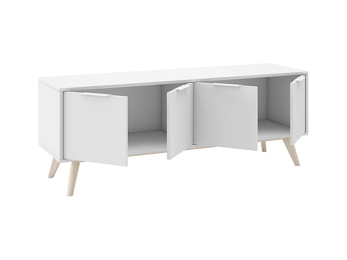 BLAJK - Meuble TV 4 Portes Scandinave MDF et Pin Massif Naturel et Blanc