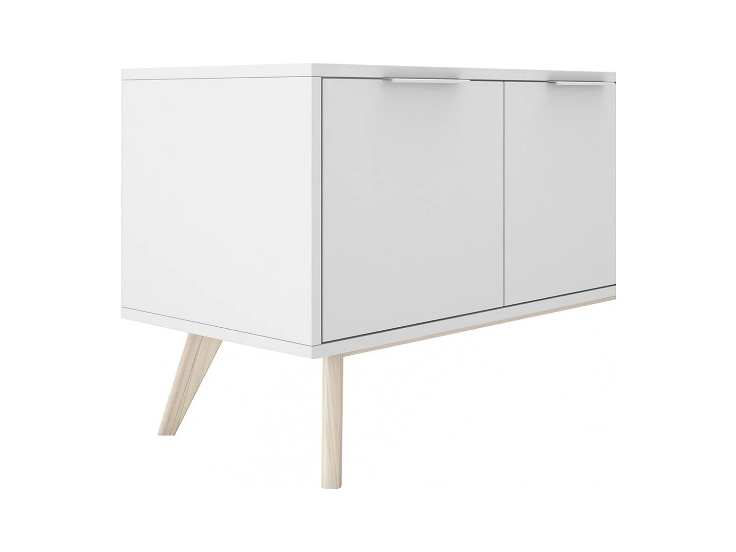 BLAJK - Meuble TV 4 Portes Scandinave MDF et Pin Massif Naturel et Blanc