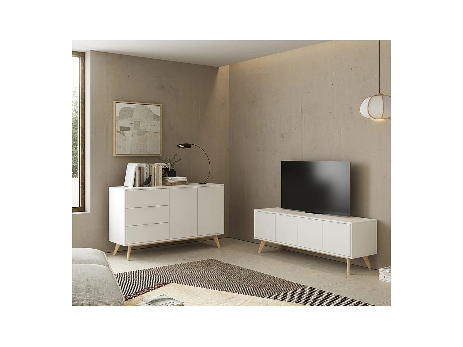 BLAJK - Meuble TV 4 Portes Scandinave MDF et Pin Massif Naturel et Blanc