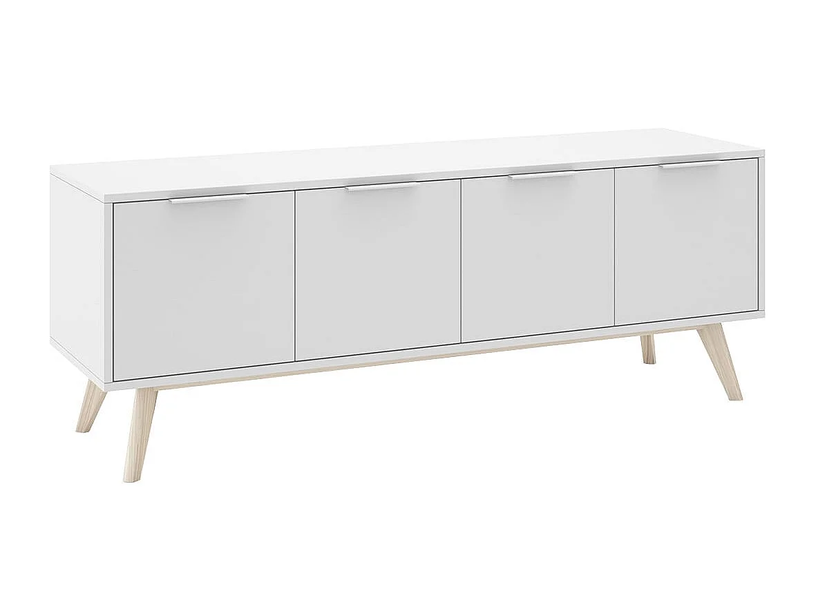 BLAJK - Meuble TV 4 Portes Scandinave MDF et Pin Massif Naturel et Blanc