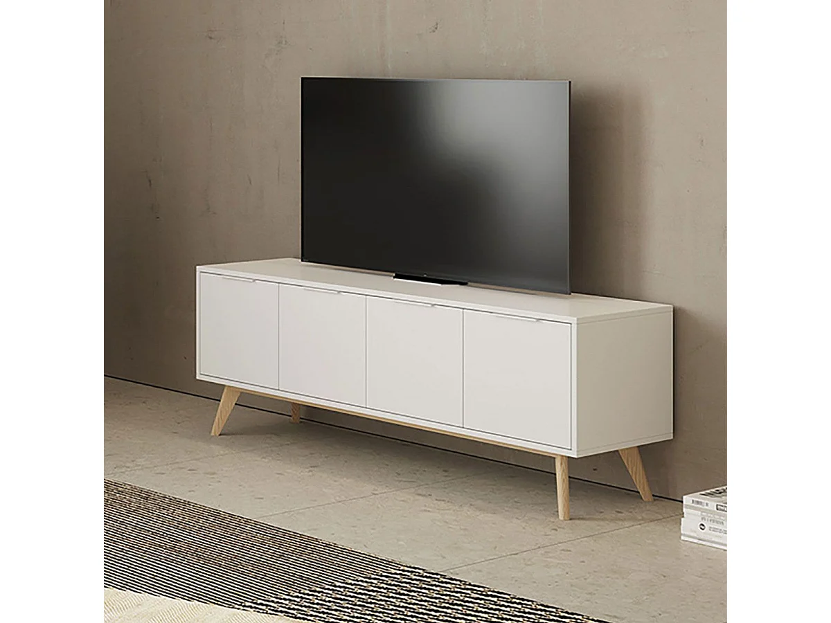 BLAJK - Meuble TV 4 Portes Scandinave MDF et Pin Massif Naturel et Blanc