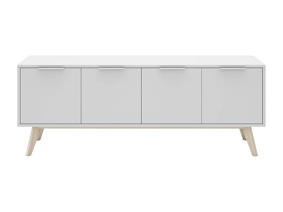 BLAJK - Meuble TV 4 Portes Scandinave MDF et Pin Massif Naturel et Blanc