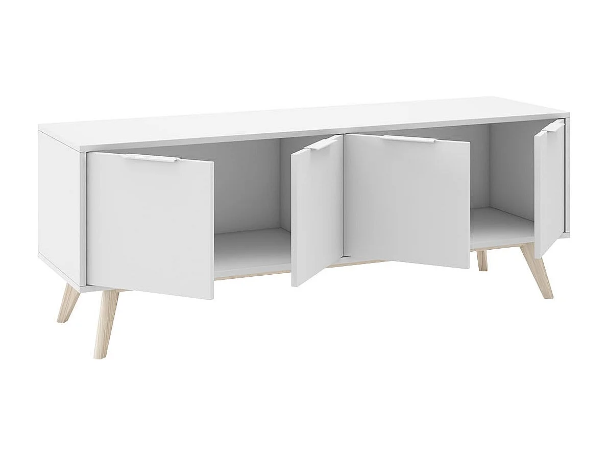 BLAJK - Meuble TV 4 Portes Scandinave MDF et Pin Massif Naturel et Blanc