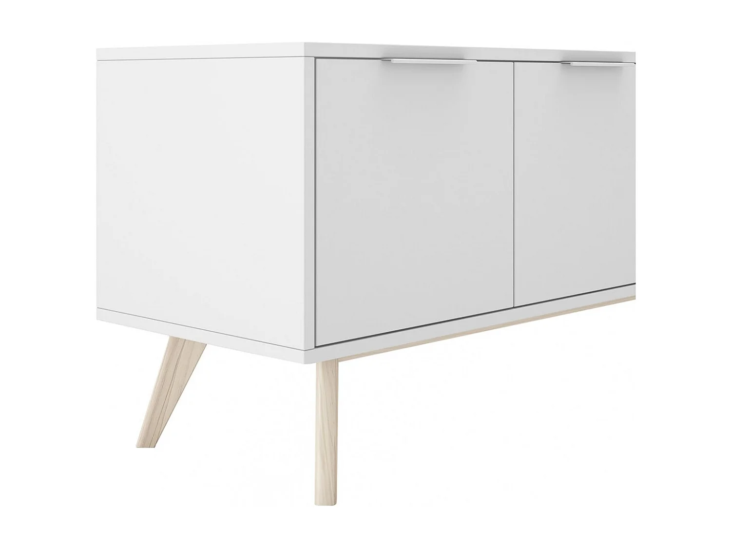 BLAJK - Meuble TV 4 Portes Scandinave MDF et Pin Massif Naturel et Blanc