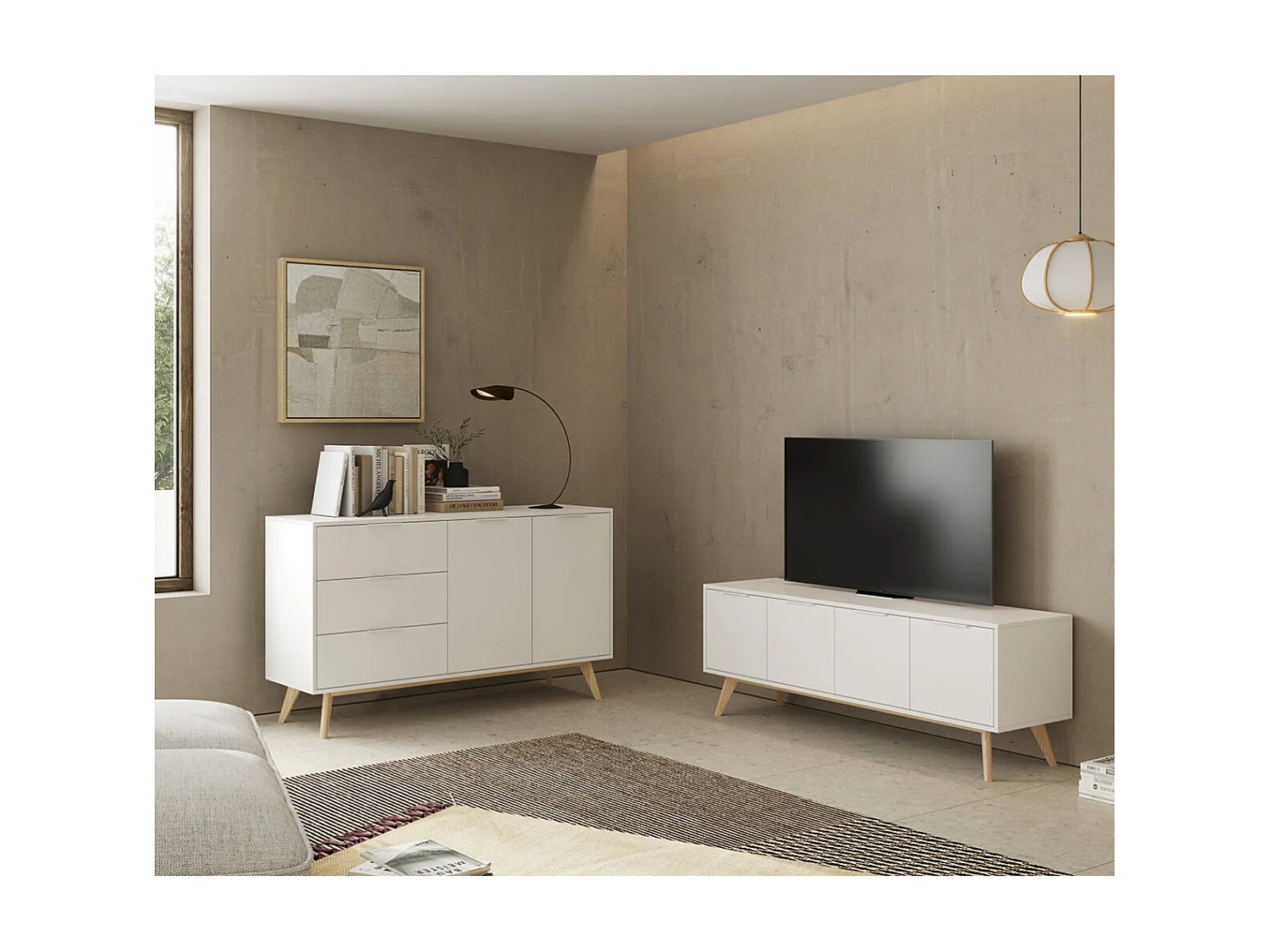 BLAJK - Meuble TV 4 Portes Scandinave MDF et Pin Massif Naturel et Blanc