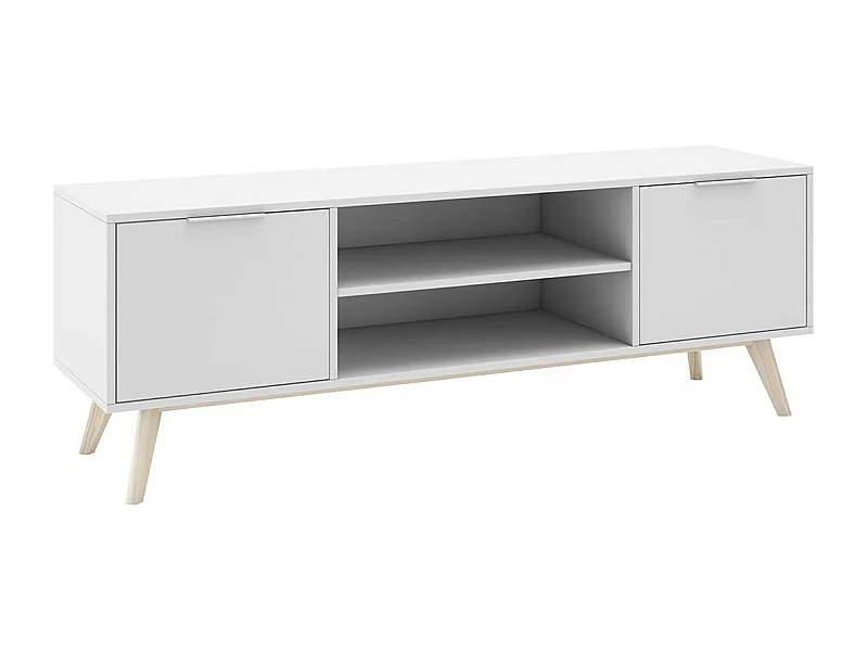 BLAJK - Meuble TV 140cm 2 Portes Scandinave MDF et Pin Massif Naturel et Blanc