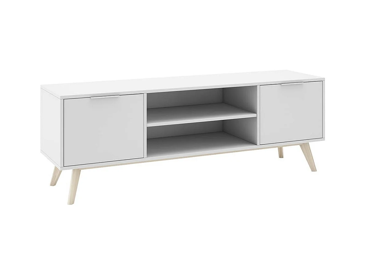 BLAJK - Meuble TV 140cm 2 Portes Scandinave MDF et Pin Massif Naturel et Blanc