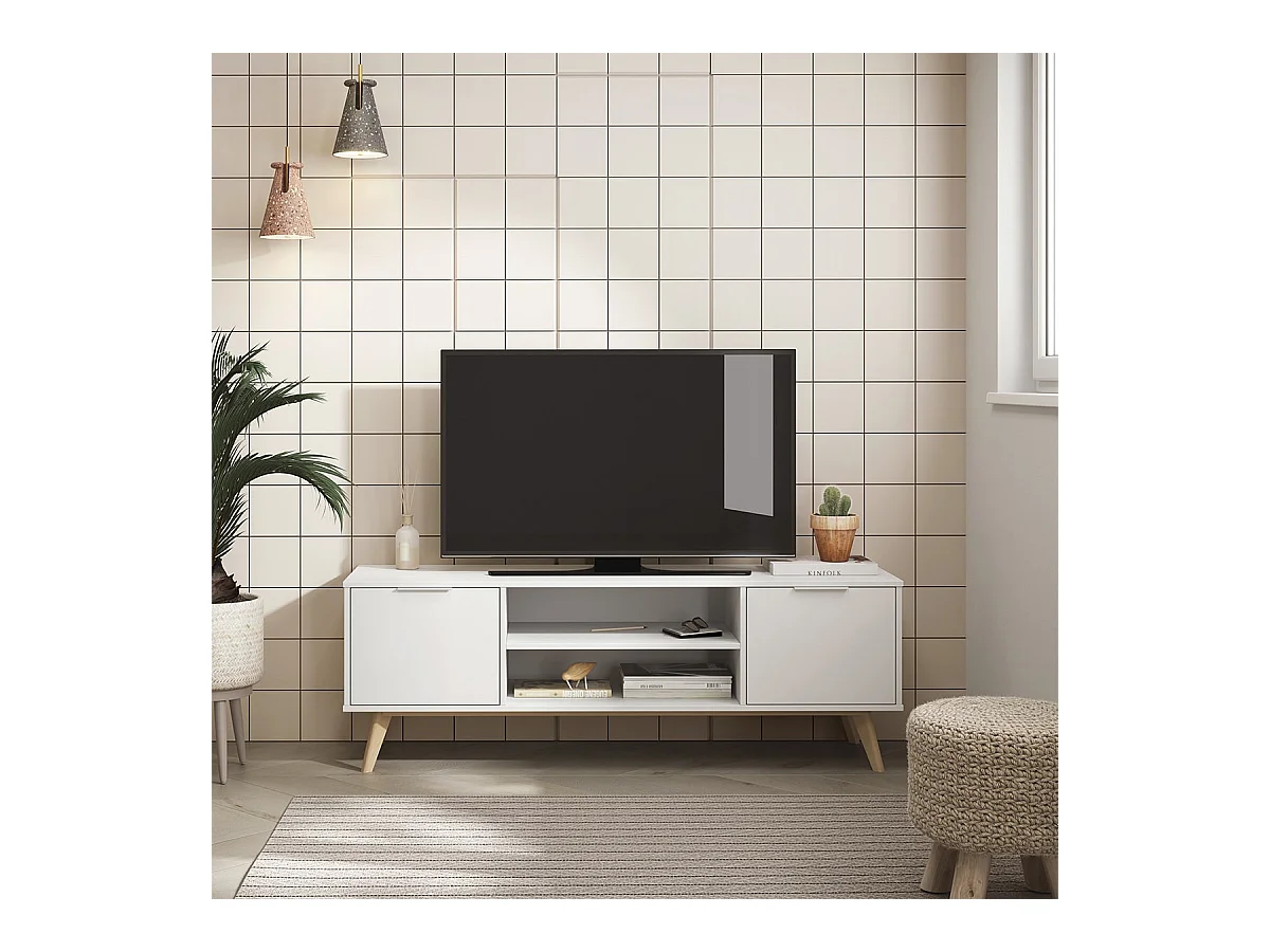BLAJK - Meuble TV 140cm 2 Portes Scandinave MDF et Pin Massif Naturel et Blanc