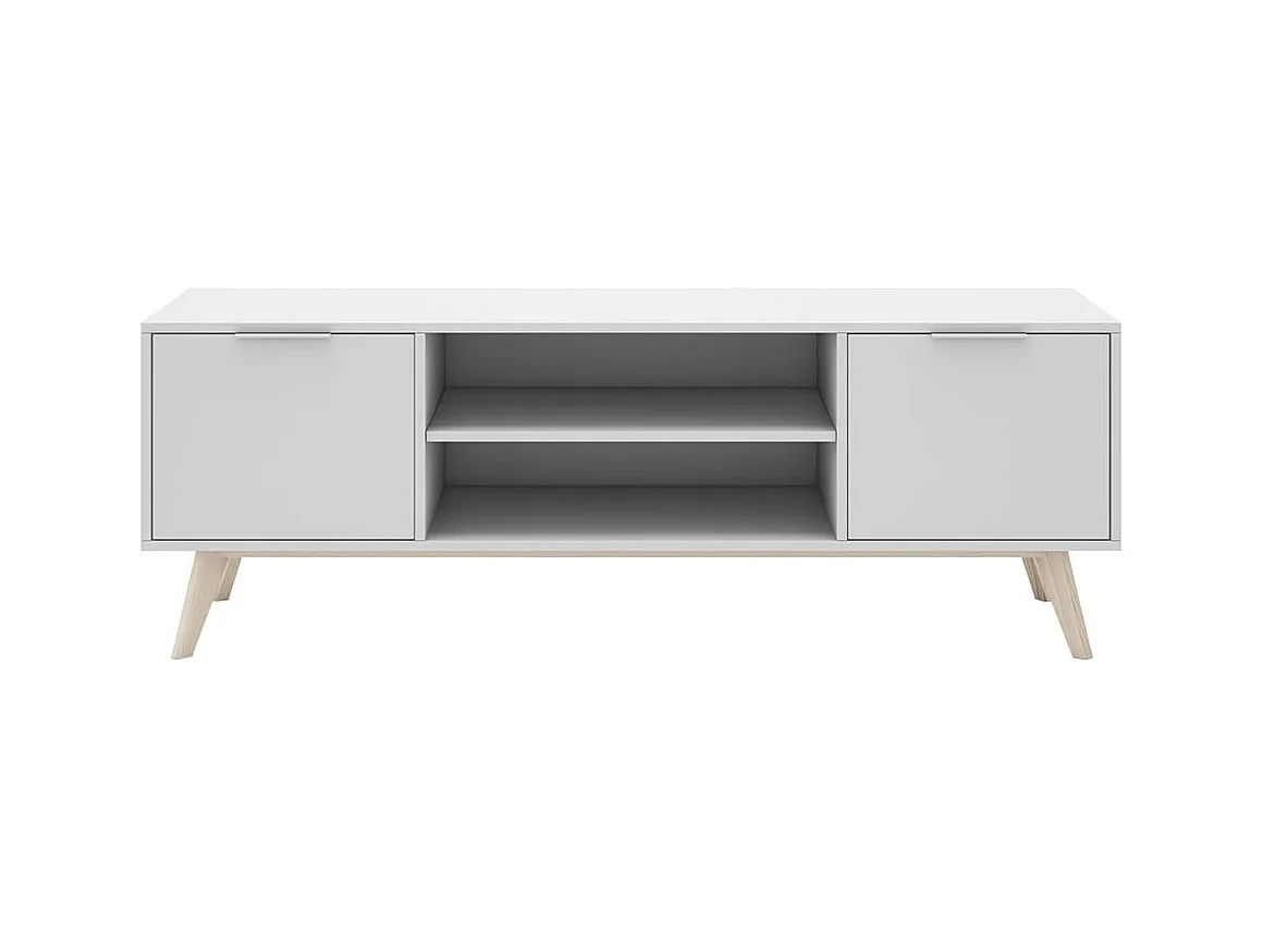 BLAJK - Meuble TV 140cm 2 Portes Scandinave MDF et Pin Massif Naturel et Blanc