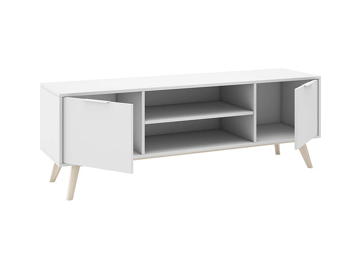 BLAJK - Meuble TV 140cm 2 Portes Scandinave MDF et Pin Massif Naturel et Blanc