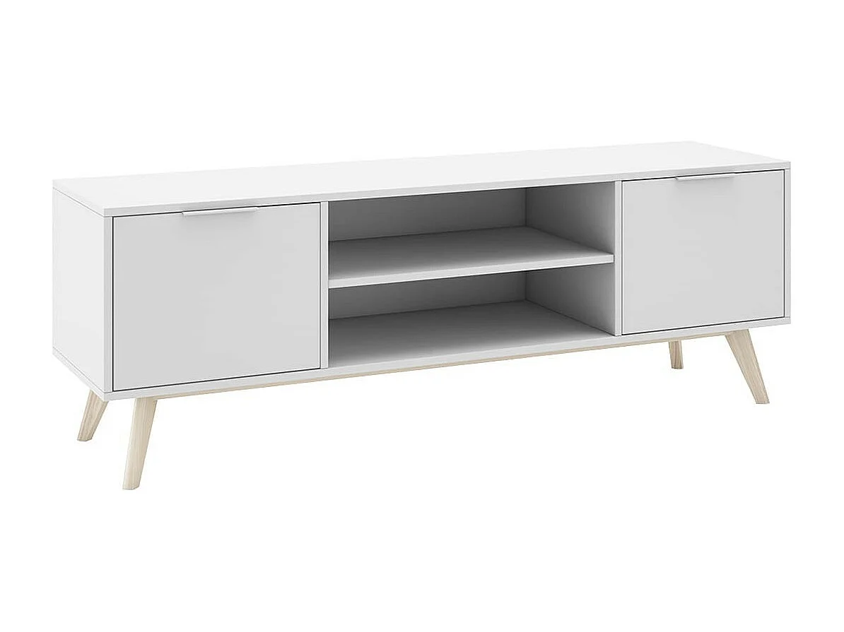 BLAJK - Meuble TV 140cm 2 Portes Scandinave MDF et Pin Massif Naturel et Blanc