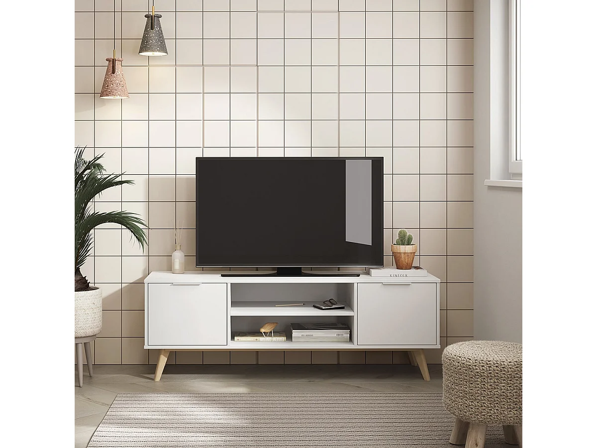 BLAJK - Meuble TV 140cm 2 Portes Scandinave MDF et Pin Massif Naturel et Blanc