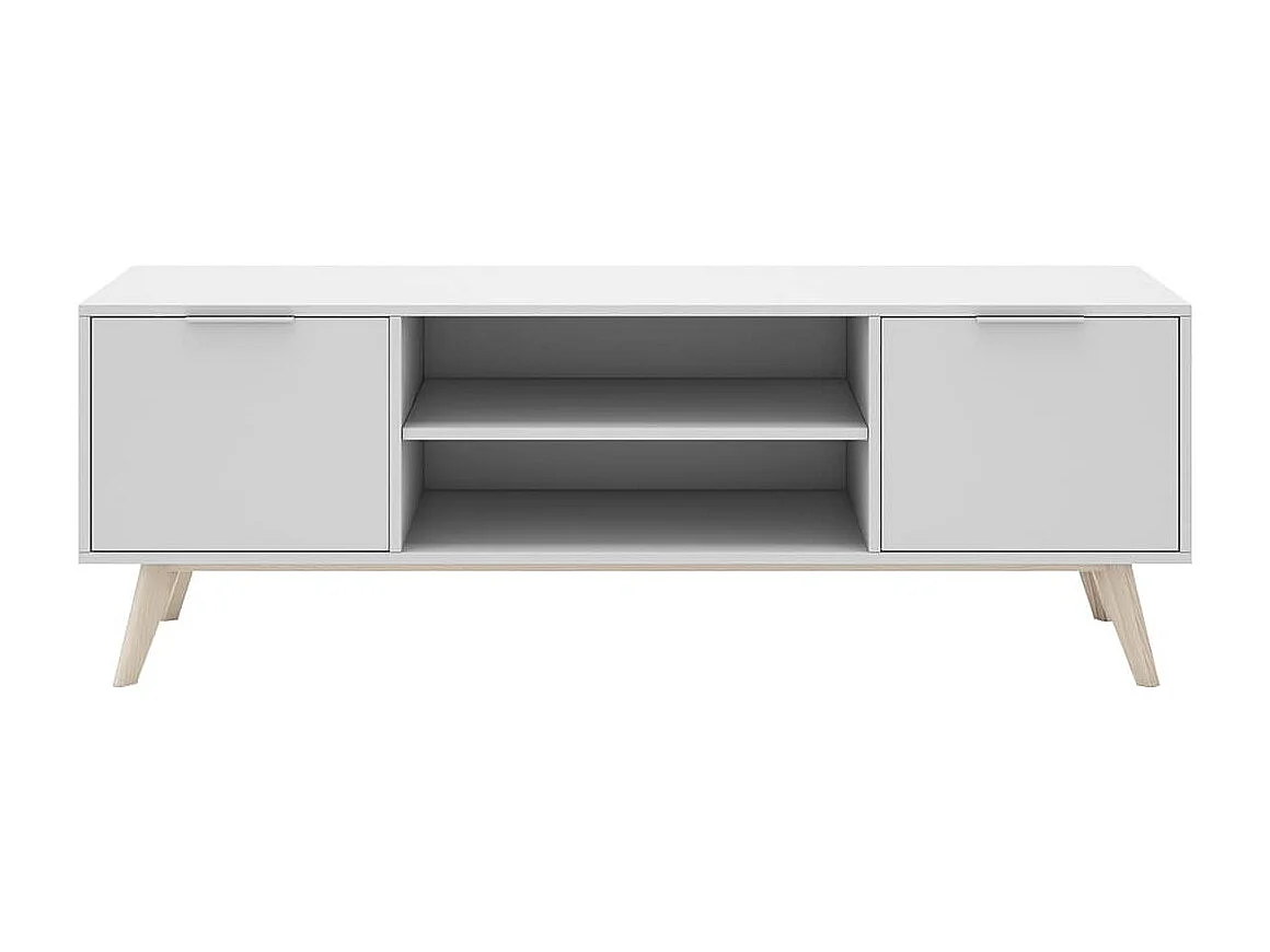 BLAJK - Meuble TV 140cm 2 Portes Scandinave MDF et Pin Massif Naturel et Blanc