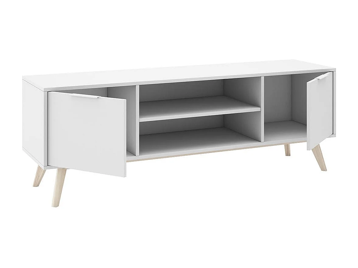 BLAJK - Meuble TV 140cm 2 Portes Scandinave MDF et Pin Massif Naturel et Blanc