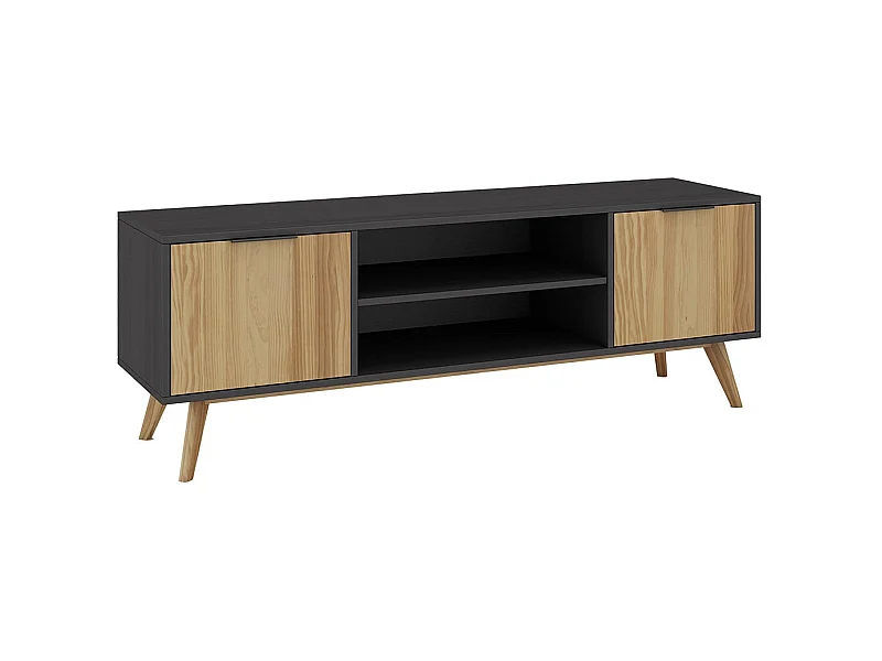 VIKOV - Meuble TV 140cm 2 Portes Scandinave en Pin Massif Ciré