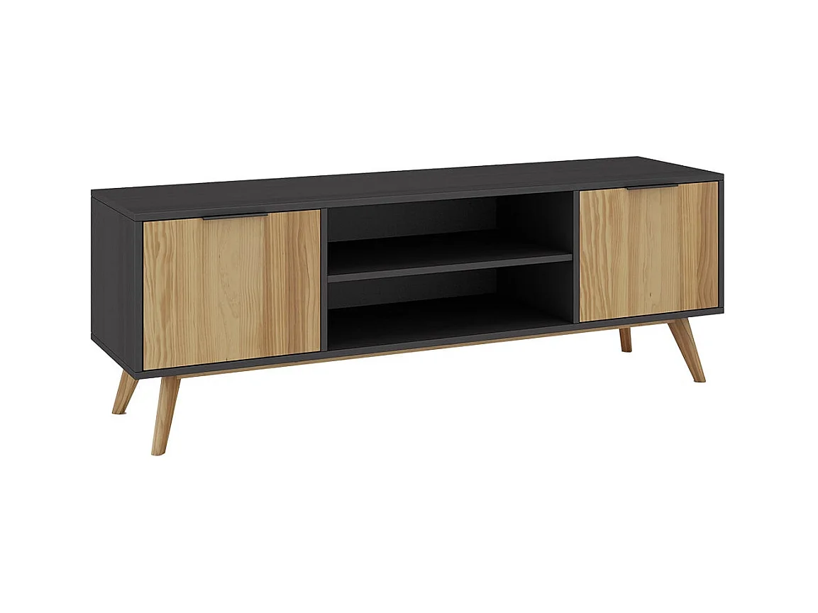VIKOV - Meuble TV 140cm 2 Portes Scandinave en Pin Massif Ciré