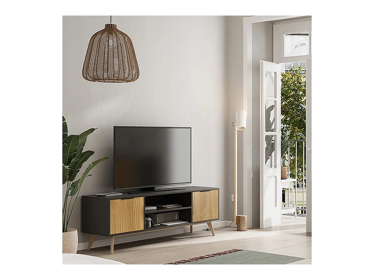 VIKOV - Meuble TV 140cm 2 Portes Scandinave en Pin Massif Ciré