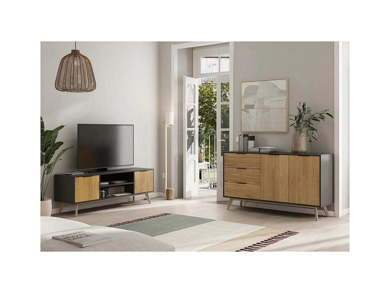 VIKOV - Meuble TV 140cm 2 Portes Scandinave en Pin Massif Ciré