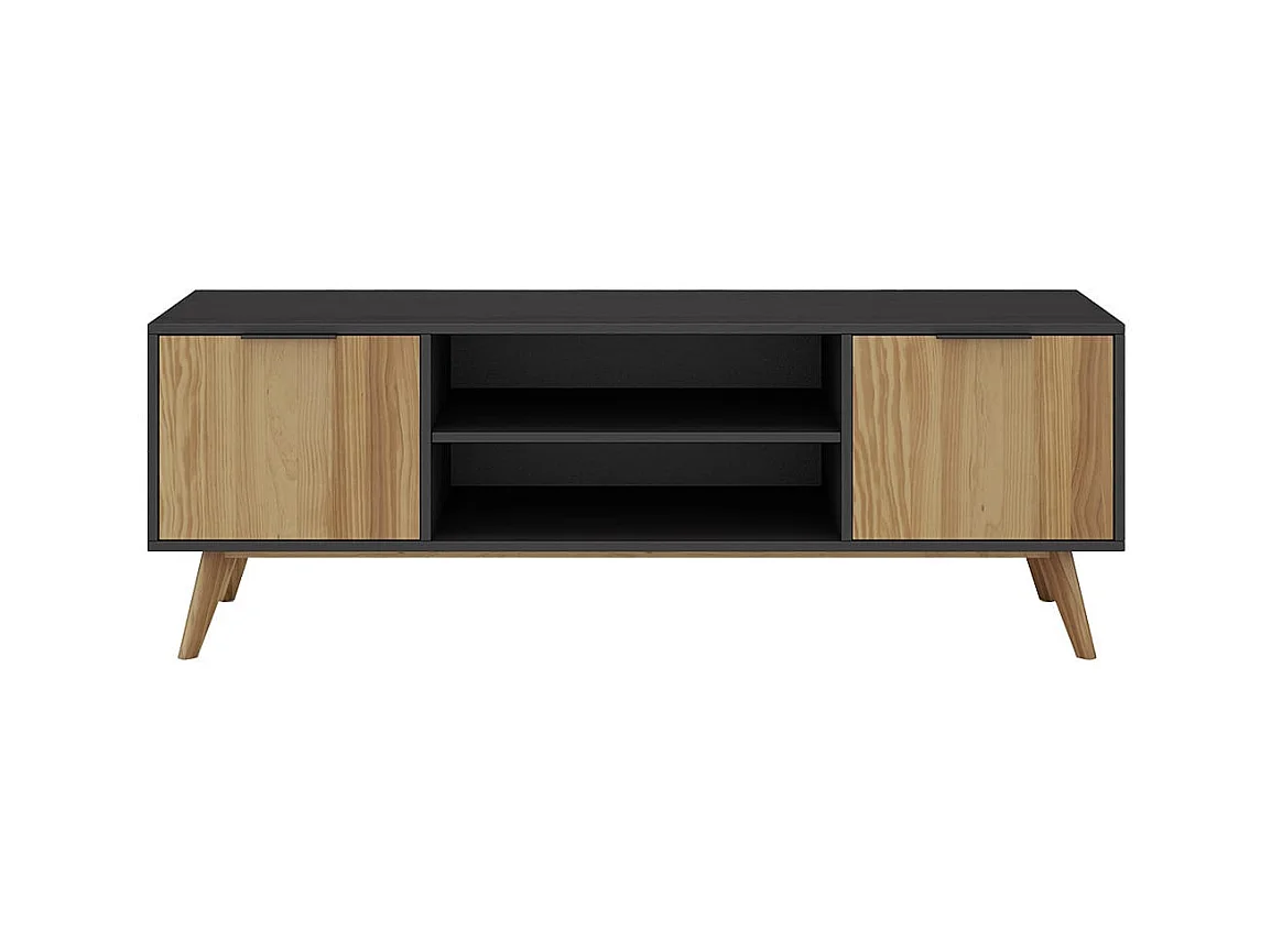 VIKOV - Meuble TV 140cm 2 Portes Scandinave en Pin Massif Ciré