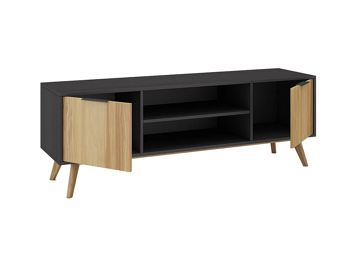 VIKOV - Meuble TV 140cm 2 Portes Scandinave en Pin Massif Ciré
